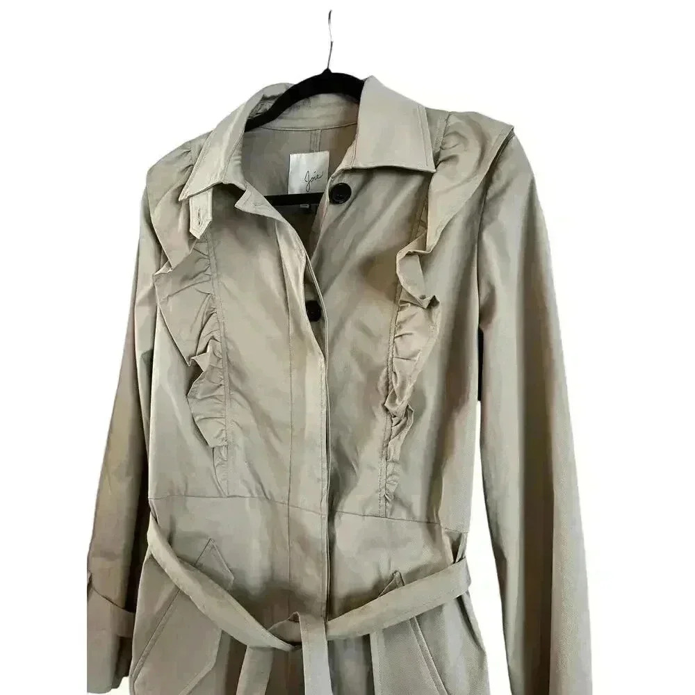 Joie Women’s Gila Trench Coat Ruffle Trim Belted Tan Size Medium - Picture 2 of 7